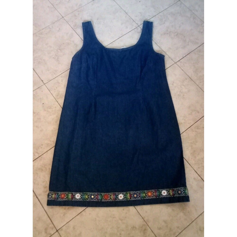 Denim Vintage Sleeveles Women Dress 14 Blue Zip closure Embrodery Flowers